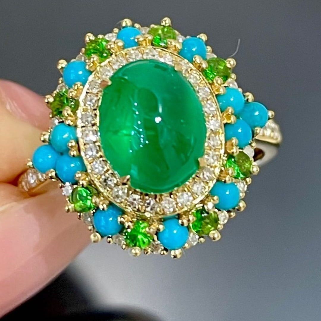 14k Gold 2.05 Ct Vivid Green Natural Emerald & Diamond & Turquoise & Tsavorite Ring - 5
