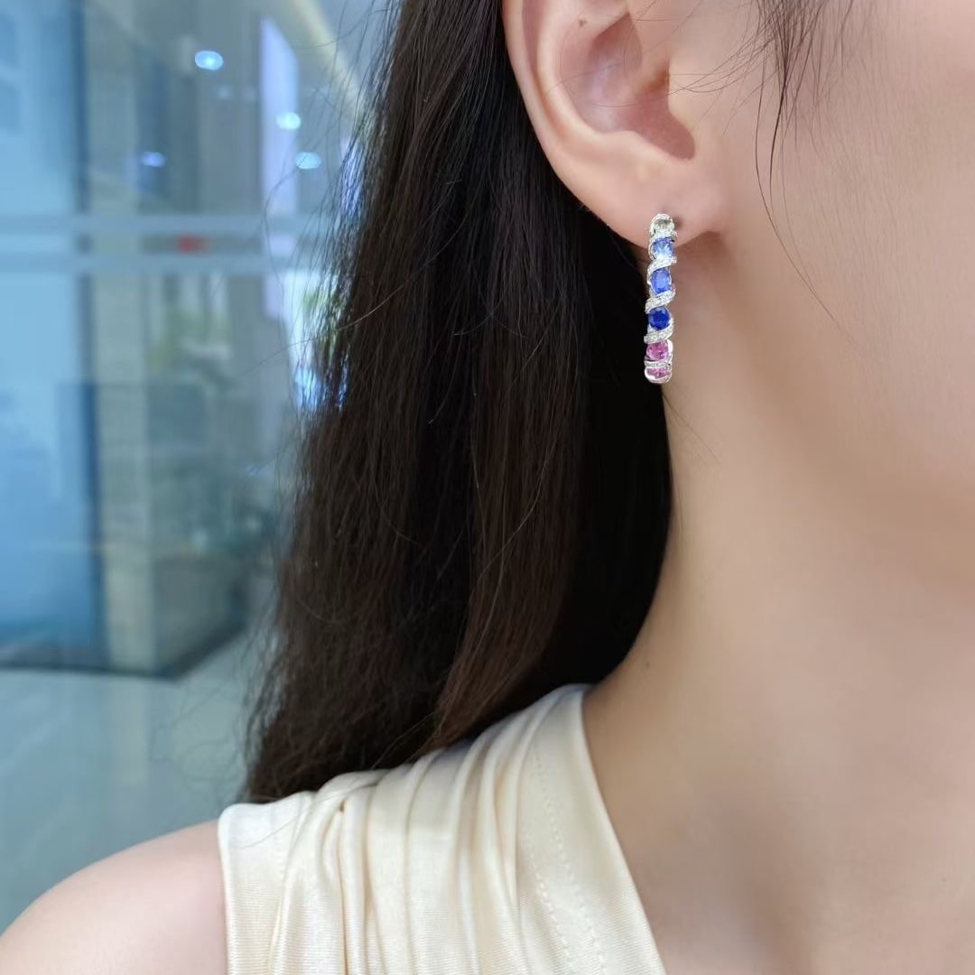 14k Gold 5.50 Ctw Natural Sapphire & Diamond Earrings - 5