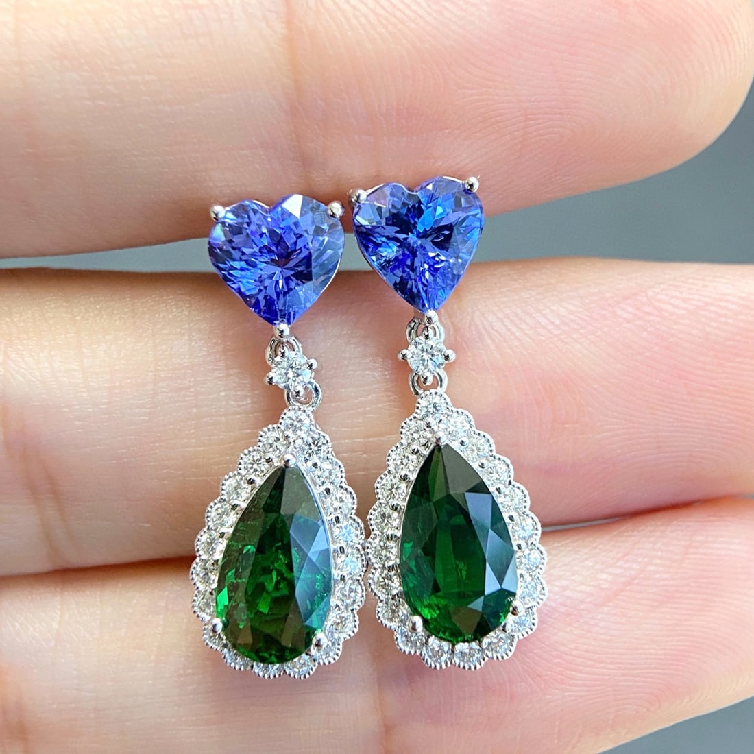 14k Gold 6.77 Ctw Vivid Green Natural Tsavorite & Tanzanite Earrings - 2