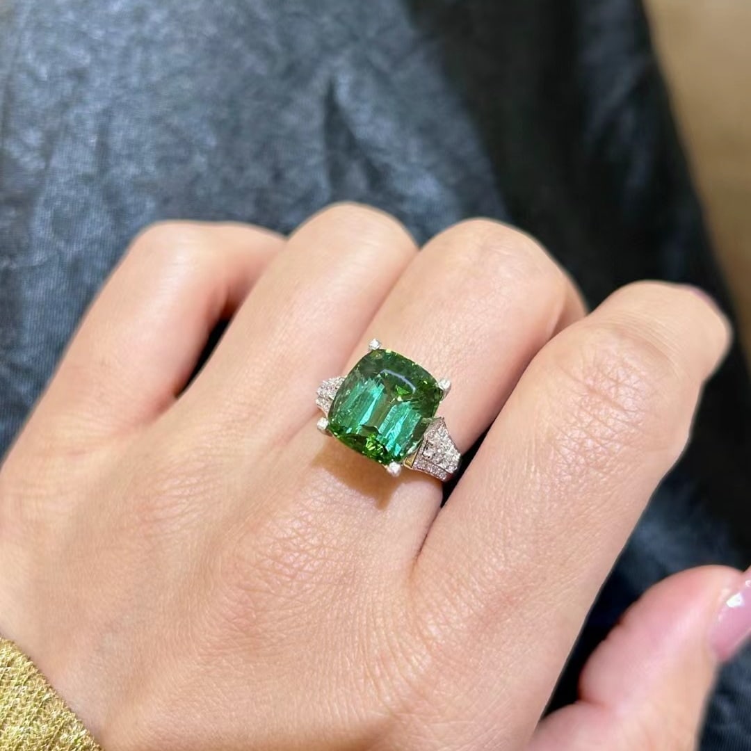 14k Gold 7.94 Ctw Natural Tourmaline & Diamond Ring - 8