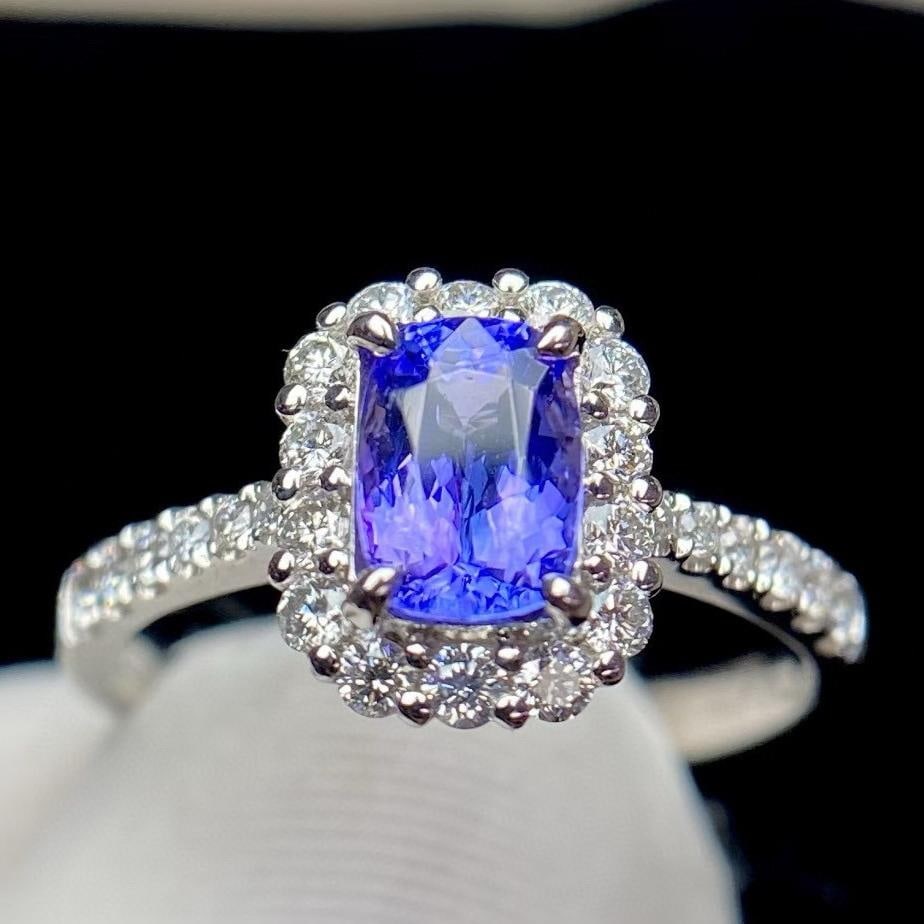 14k Gold 1 Ct Natural Tanzanite & Diamond Ring: Ref:231037155 // gold content:14k gold // ring size:7. 25us // // main gemstone:tanzanite // shape:cushion // carat weight:1ct // color:blue // treatment:natural // // adjacent gemstone 2 : diamond