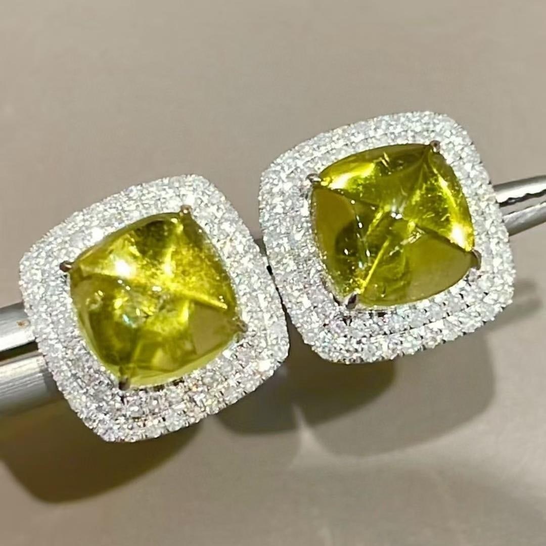 14k Gold 2.02 Ct Natural Tourmaline & Diamond Earrings: Ref:231037156 // gold content:14k gold // main gemstone:tourmaline // shape:suger-loaf // carat weight:2. 02ct // color:yellow // treatment:natural // // adjacent gemstone 2 : diamond // shape:round
