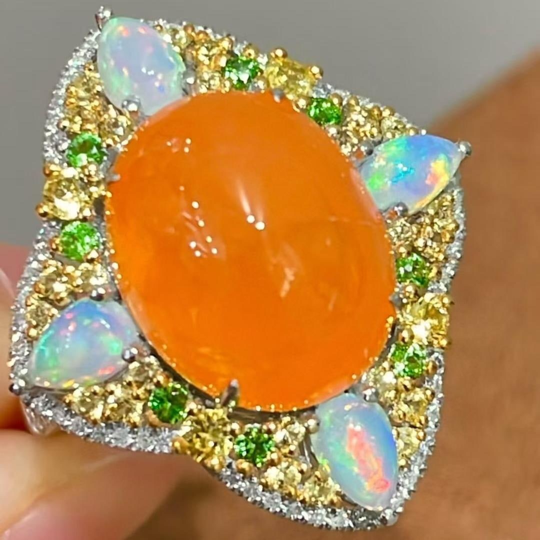 14k Gold 10.65 Ct Natural Tourmaline & Diamond & Opal & Sapphire & Tsavorite Ring: Ref:231037157 // gold content:14k gold // ring size:7. 25us // // main gemstone:tourmaline // shape:oval // carat weight:10. 65ct // color:orange // treatment:natural // // adjacent gemstone 2 :