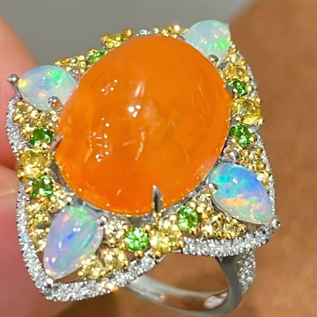14k Gold 10.65 Ct Natural Tourmaline & Diamond & Opal & Sapphire & Tsavorite Ring - 2