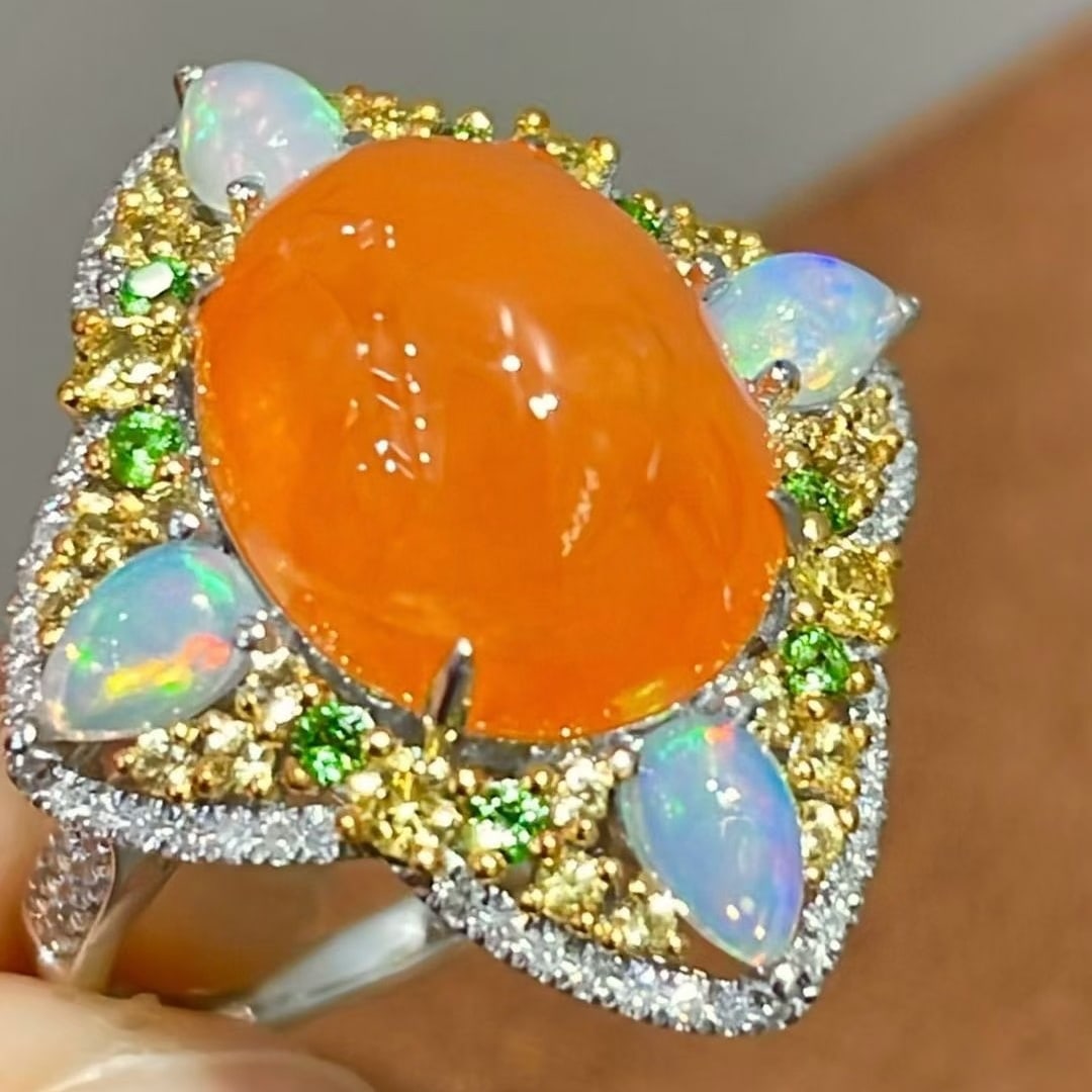 14k Gold 10.65 Ct Natural Tourmaline & Diamond & Opal & Sapphire & Tsavorite Ring - 3