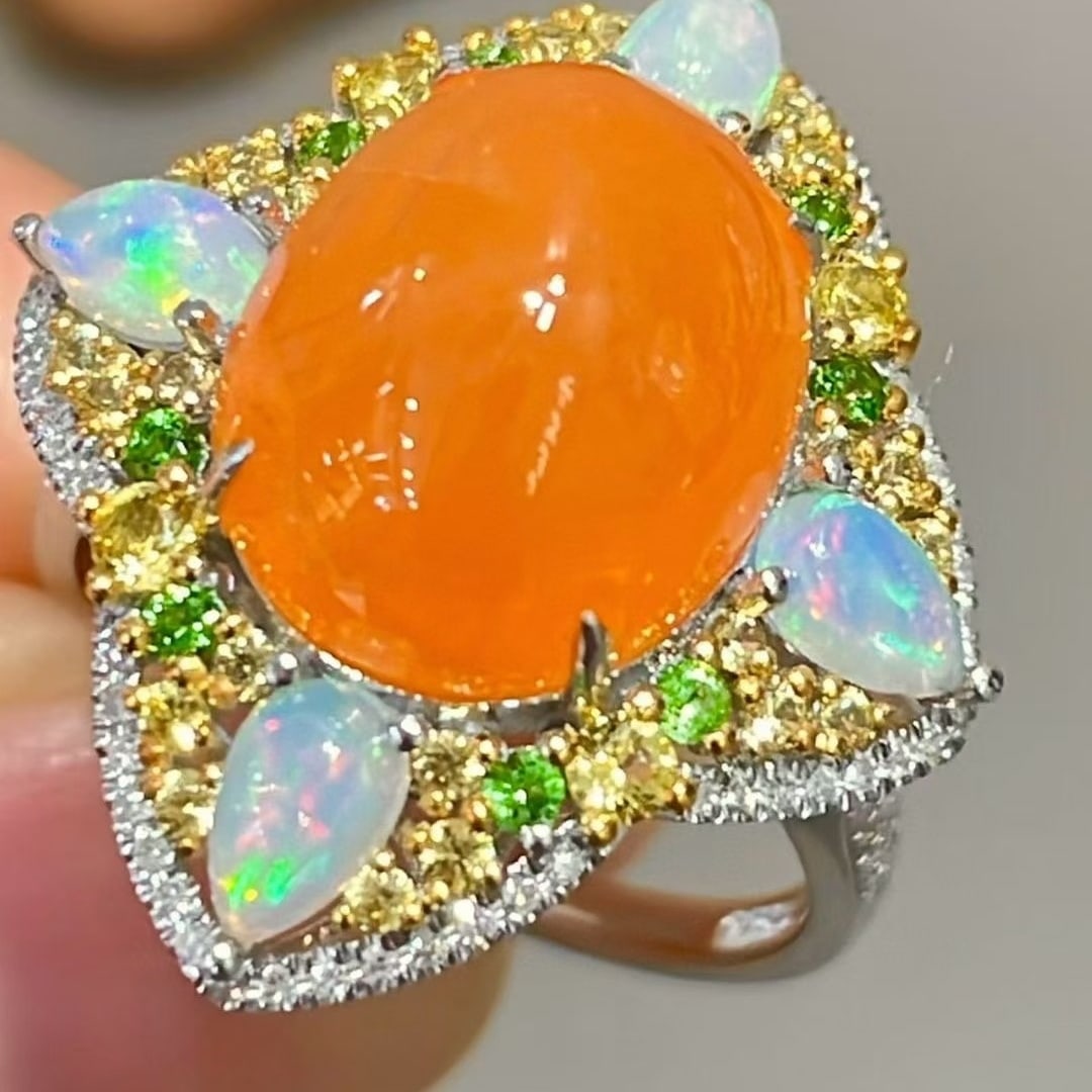 14k Gold 10.65 Ct Natural Tourmaline & Diamond & Opal & Sapphire & Tsavorite Ring - 5
