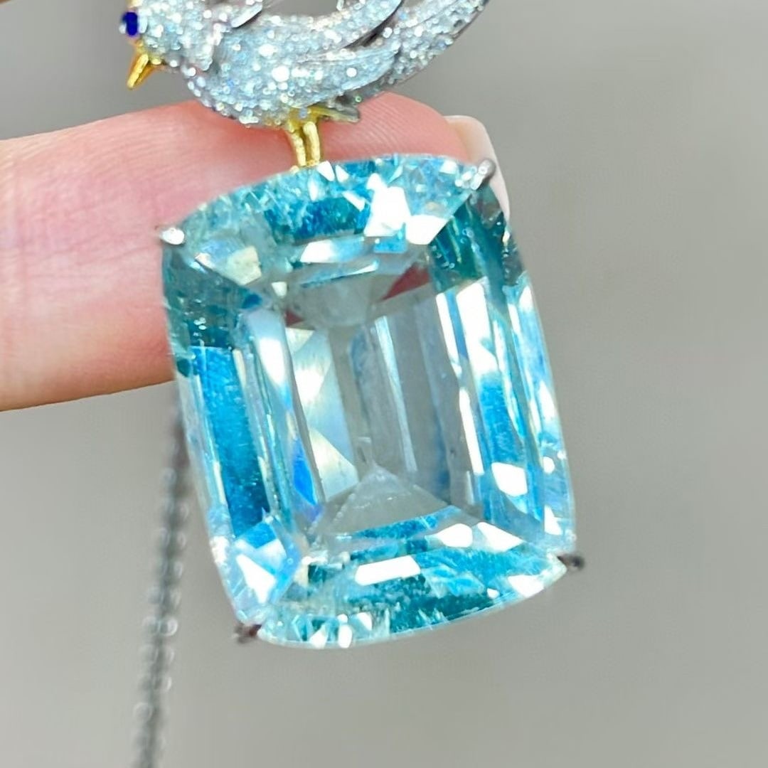 14k Gold 19 Ct Natural Aquamarine & Diamond Pendant( Without Chain ) - 2