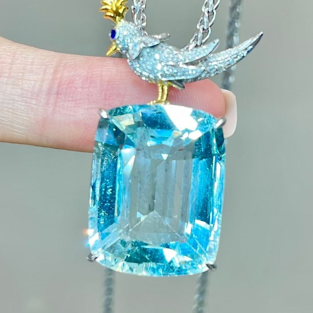 14k Gold 19 Ct Natural Aquamarine & Diamond Pendant( Without Chain ) - 4