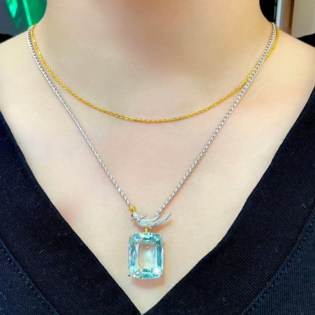 14k Gold 19 Ct Natural Aquamarine & Diamond Pendant( Without Chain ) - 5