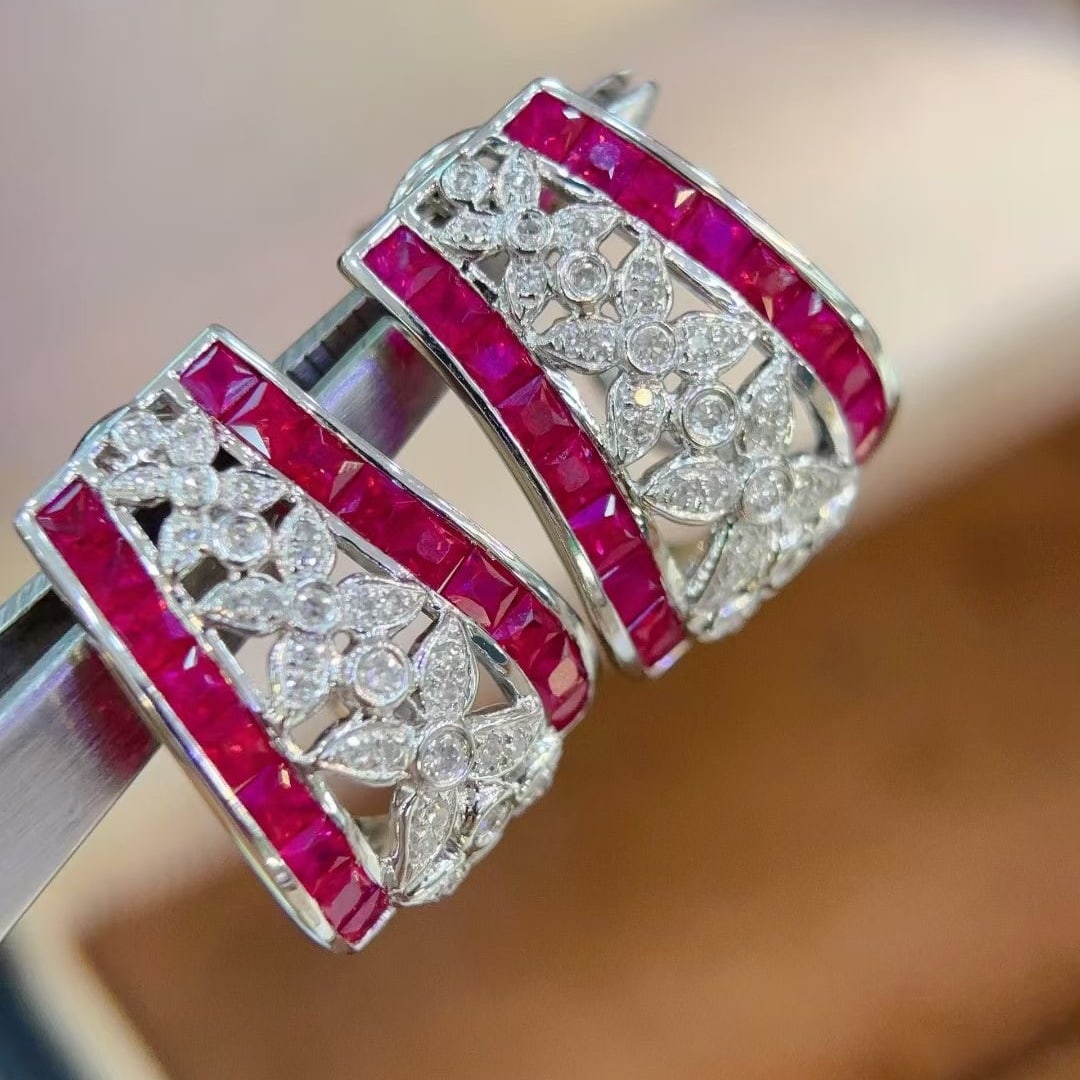 14k Gold 2 Ct Natural Ruby & Diamond Earrings - 2
