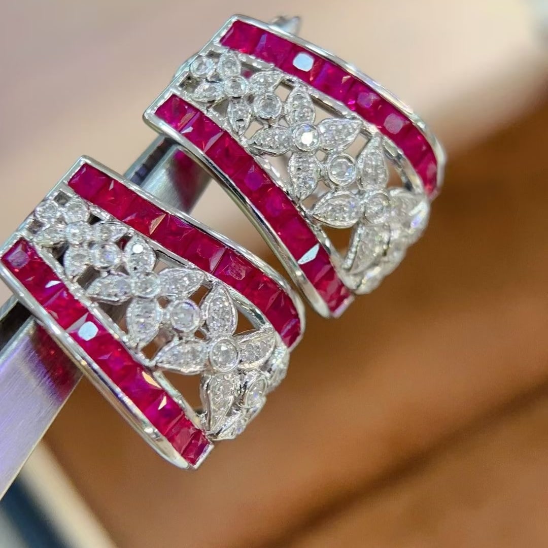 14k Gold 2 Ct Natural Ruby & Diamond Earrings - 3