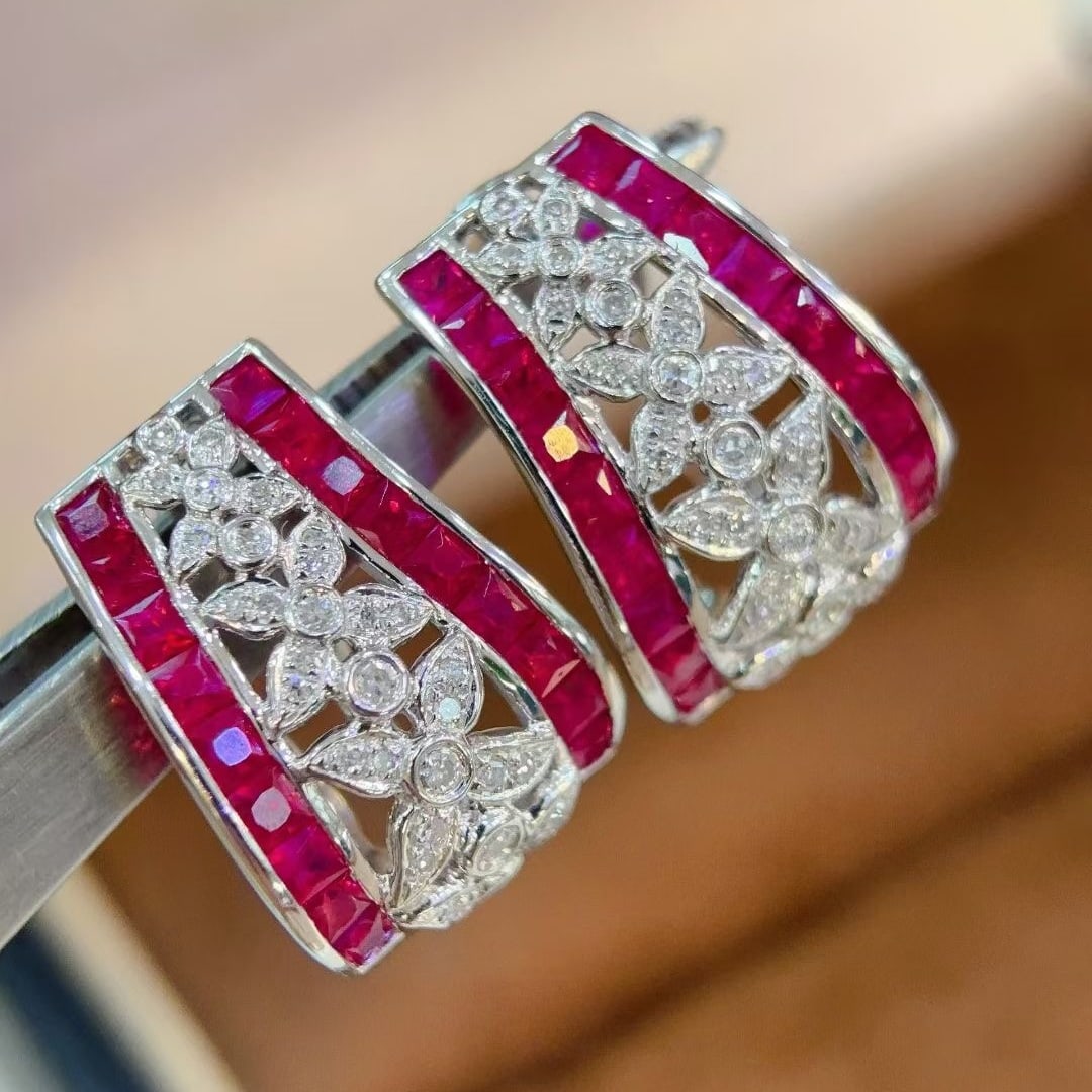 14k Gold 2 Ct Natural Ruby & Diamond Earrings - 4