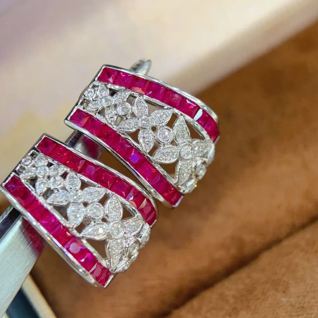 14k Gold 2 Ct Natural Ruby & Diamond Earrings - 5