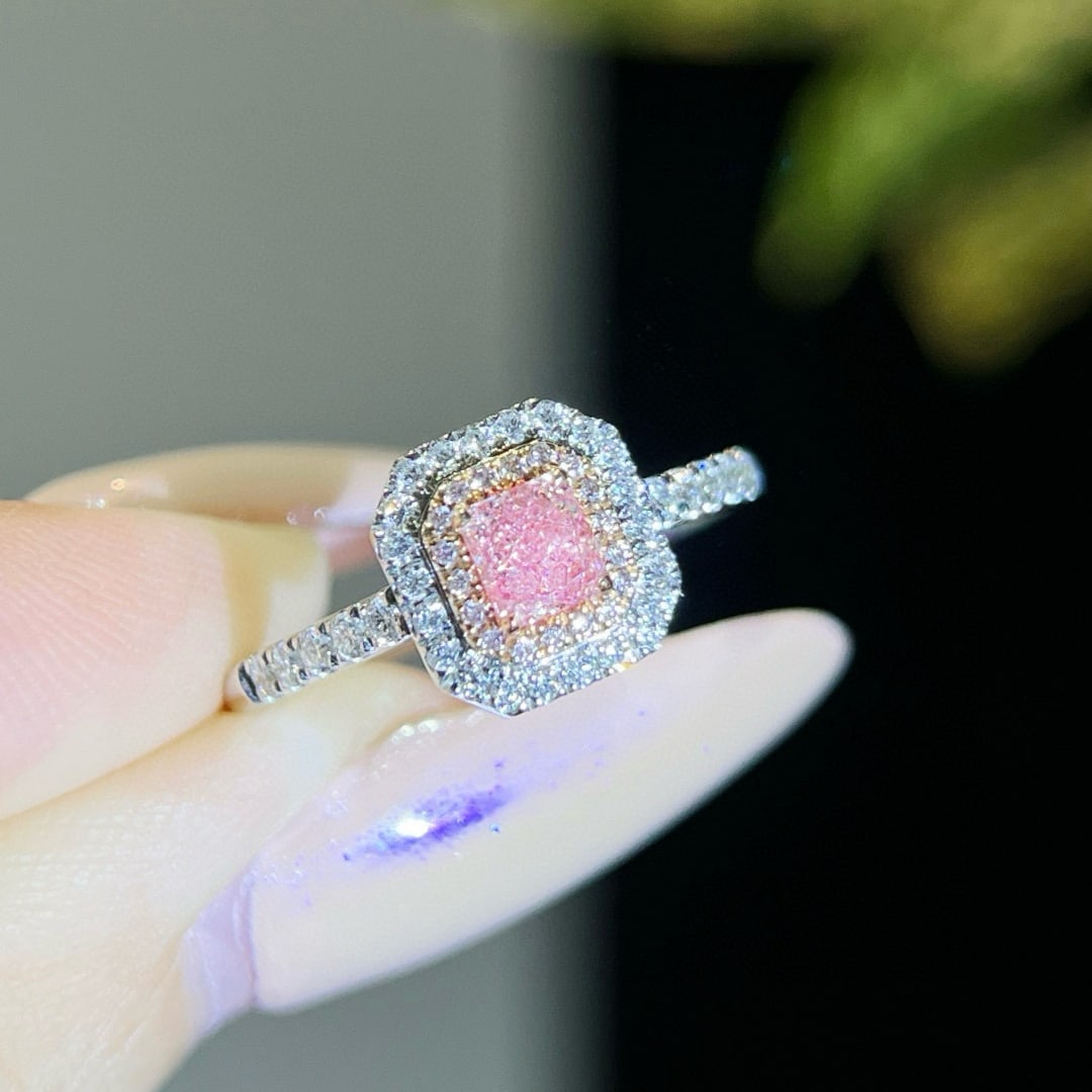 14k Gold 0.65 Ctw Natural Pink Diamond & Diamond Ring: Ref:231037183 // gold content:14k gold // ring size:7. 25us // // main gemstone:pink diamond // shape:cushion // carat weight:0. 33ct // color:pink // treatment:natural // // adjacent gemstone 2 :