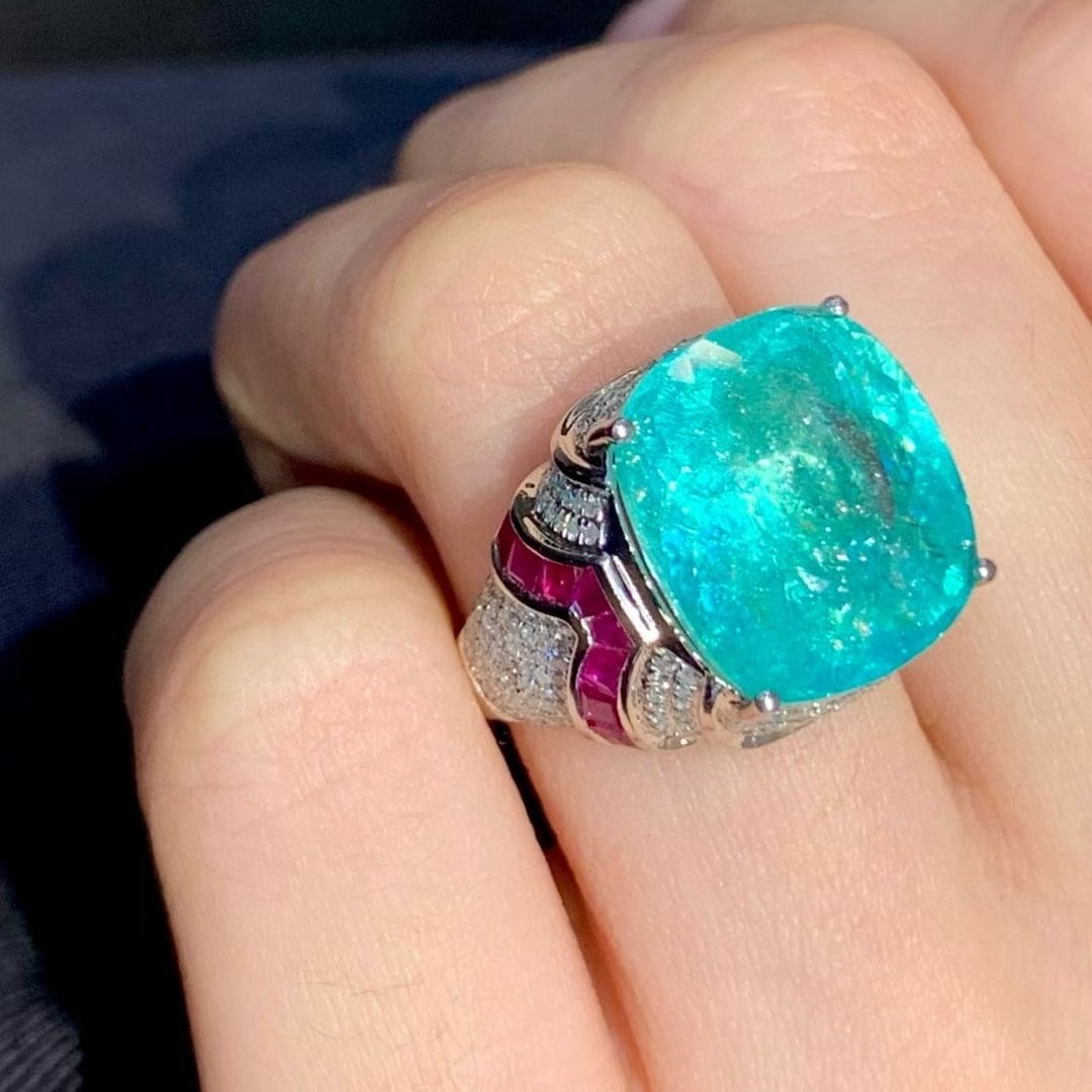 14k Gold 11.45 Ct Natural Paraiba Tourmaline & Diamond Ring - 2