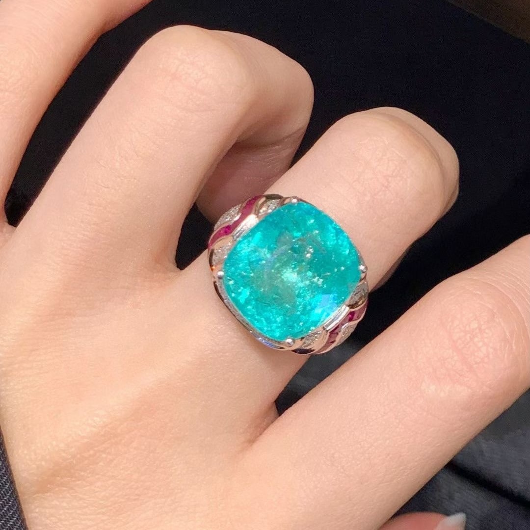 14k Gold 11.45 Ct Natural Paraiba Tourmaline & Diamond Ring - 3