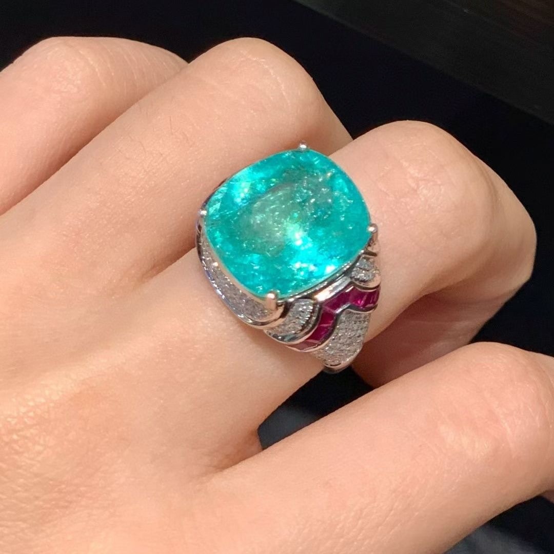 14k Gold 11.45 Ct Natural Paraiba Tourmaline & Diamond Ring - 4