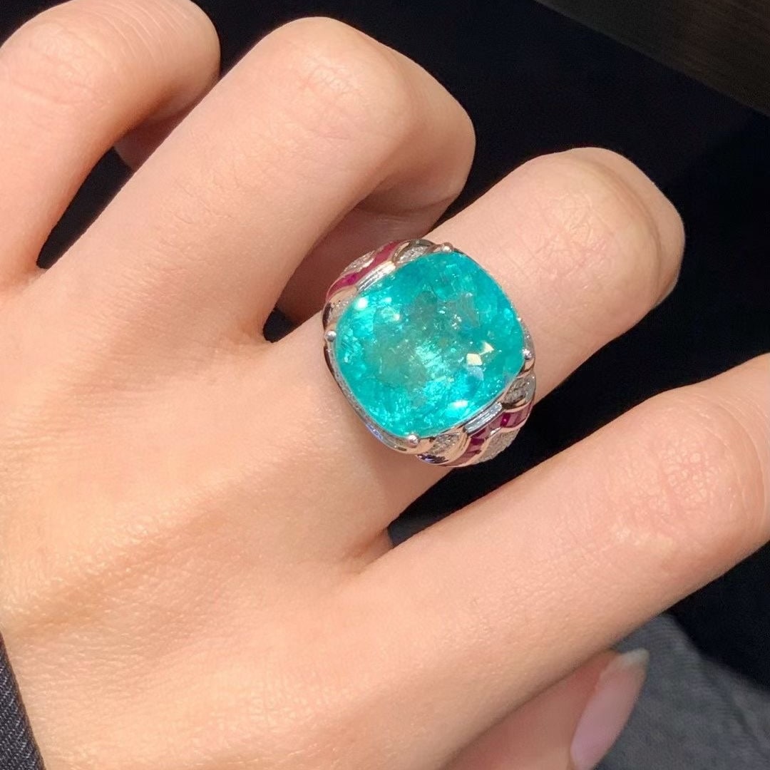 14k Gold 11.45 Ct Natural Paraiba Tourmaline & Diamond Ring - 5