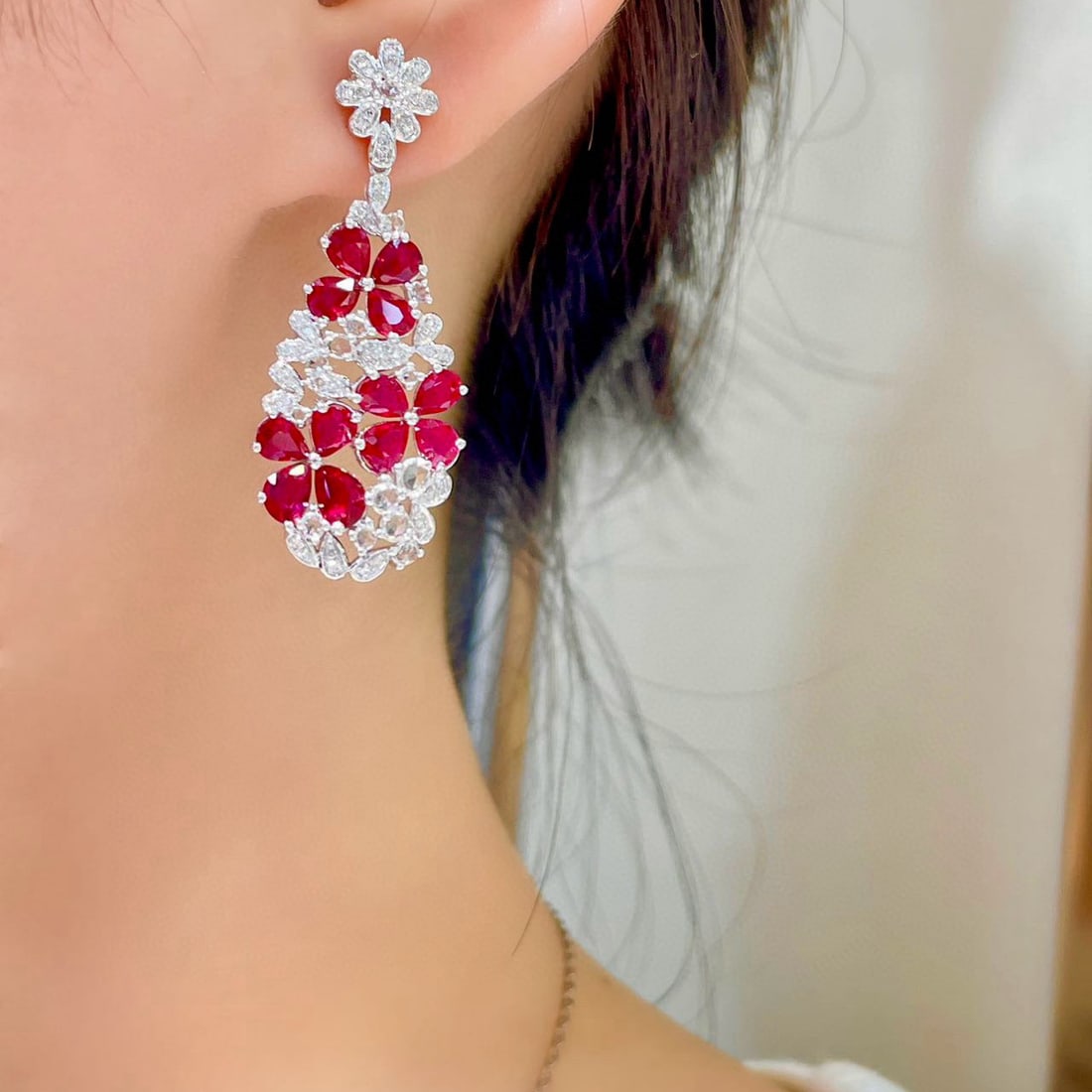 14k Gold 4.5 Ct Vivid Red Natural Ruby & Diamond Earrings - 5