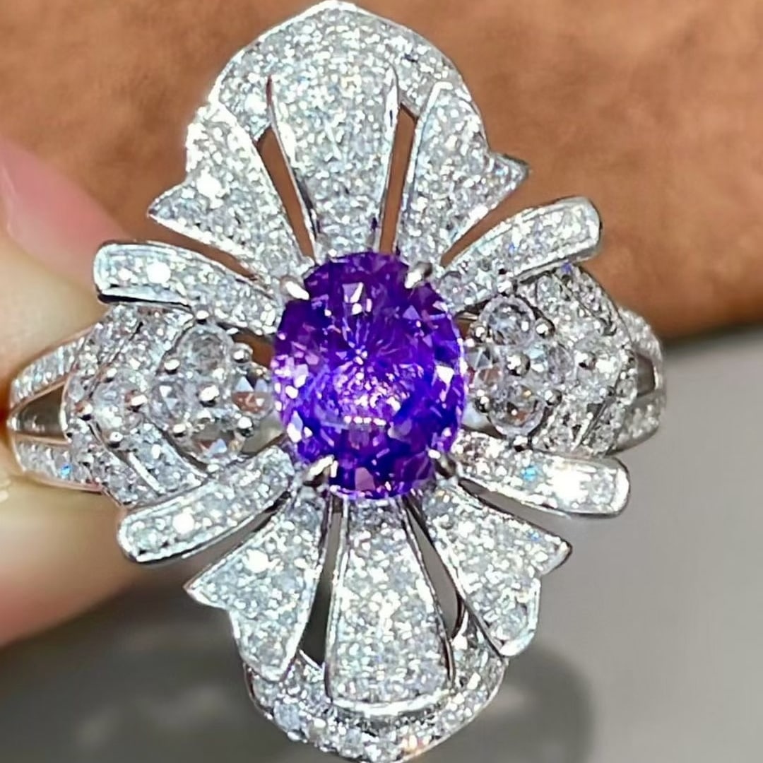 14k Gold 1.69 Ctw Natural Sapphire & Diamond Ring: Ref:231037260 // gold content:14k gold // ring size:7. 25us // // main gemstone:sapphire // shape:oval // carat weight:1. 09ct // color:purple // treatment:natural // // adjacent gemstone 2 : diamond