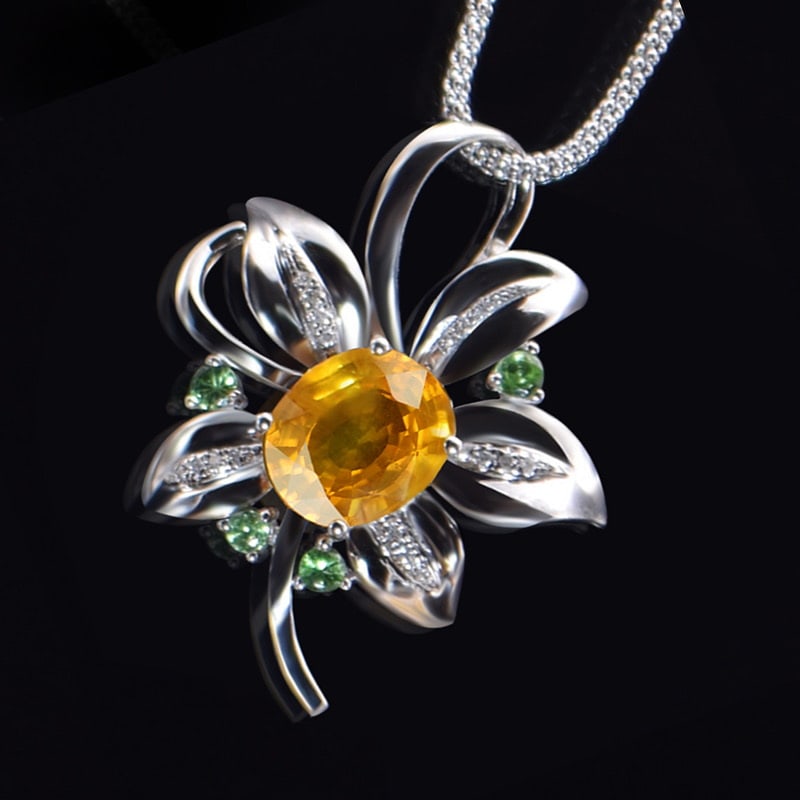 14k Gold 3.36 Ctw Natural Sapphire & Diamond Pendant( Without Chain ): Ref:231038008 // gold content:14k gold // main gemstone:sapphire // shape:oval // carat weight:3. 31ct // color:yellow // treatment:natural // // adjacent gemstone 2 : diamond // number of stones:17