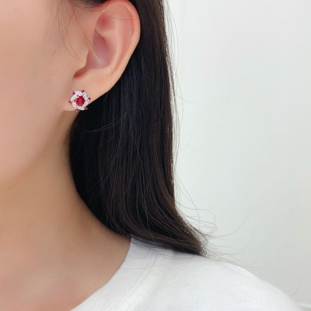 14k Gold 0.78 Ct Natural Ruby & Diamond & Ruby Earrings - 2
