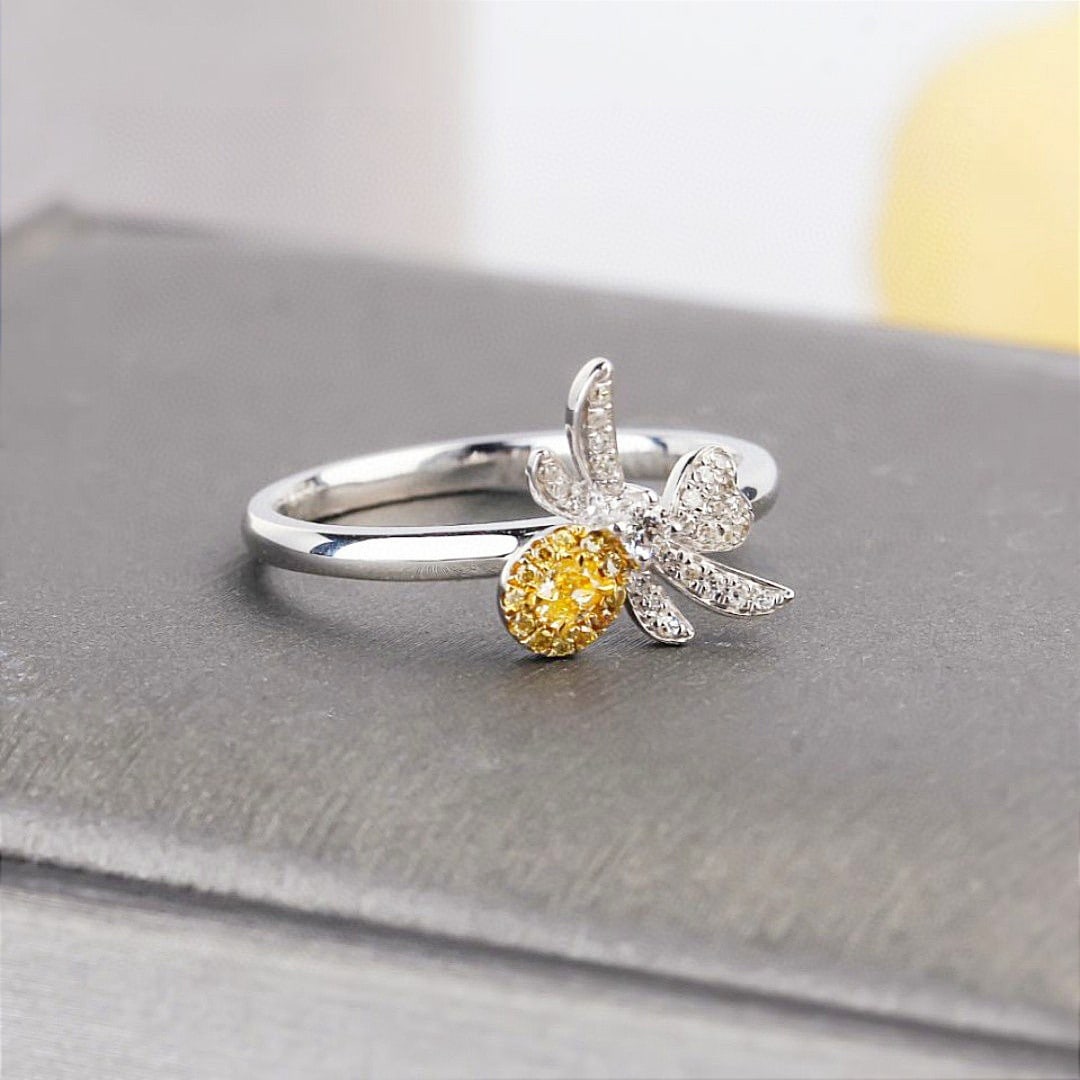14k Gold 0.26 Ctw Natural Yellow Diamond & Diamond Ring - 2