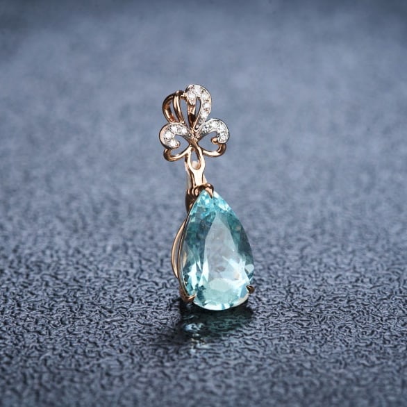 14k Gold 3.95 Ct Natural Aquamarine & Diamond Pendant( Without Chain ) - 2