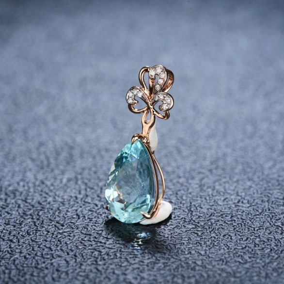14k Gold 3.95 Ct Natural Aquamarine & Diamond Pendant( Without Chain ) - 3