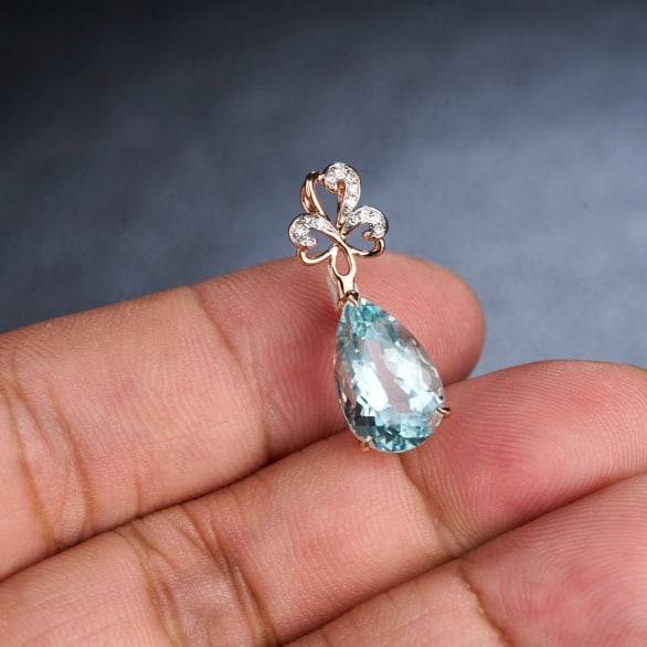 14k Gold 3.95 Ct Natural Aquamarine & Diamond Pendant( Without Chain ) - 5
