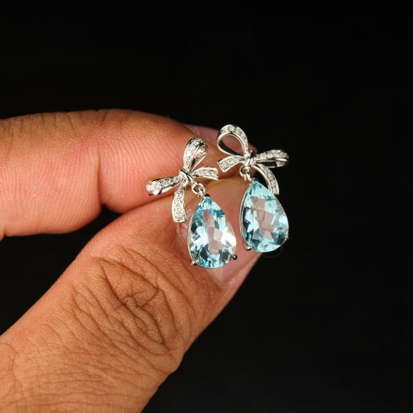 14k Gold 3.5 Ct Natural Aquamarine & Diamond Earrings - 3