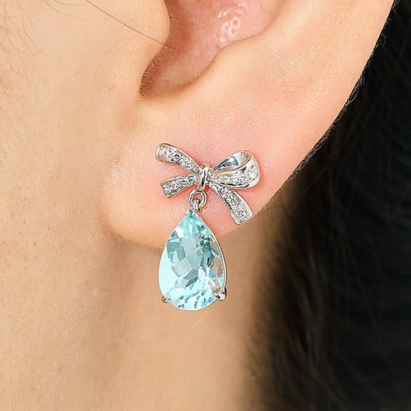 14k Gold 3.5 Ct Natural Aquamarine & Diamond Earrings - 4