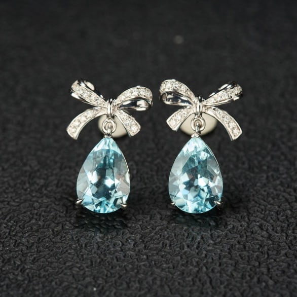14k Gold 3.5 Ct Natural Aquamarine & Diamond Earrings - 5