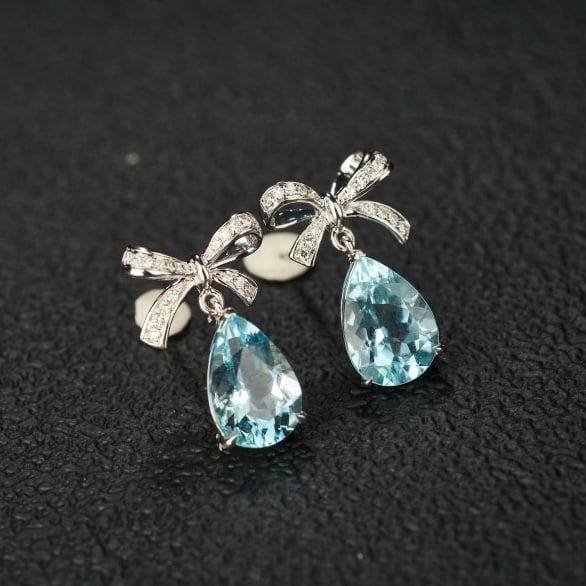 14k Gold 3.5 Ct Natural Aquamarine & Diamond Earrings - 6