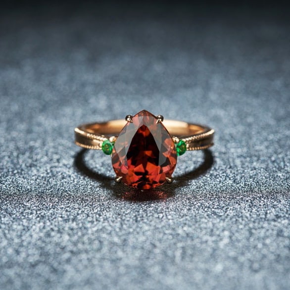 14k Gold 3.52 Ct Natural Tourmaline & Tsavorite Ring: Ref:231038065 // gold content:14k gold // ring size:7. 25us // // main gemstone:tourmaline // shape:pear // carat weight:3. 52ct // color:red // treatment:natural // // adjacent gemstone 2 :