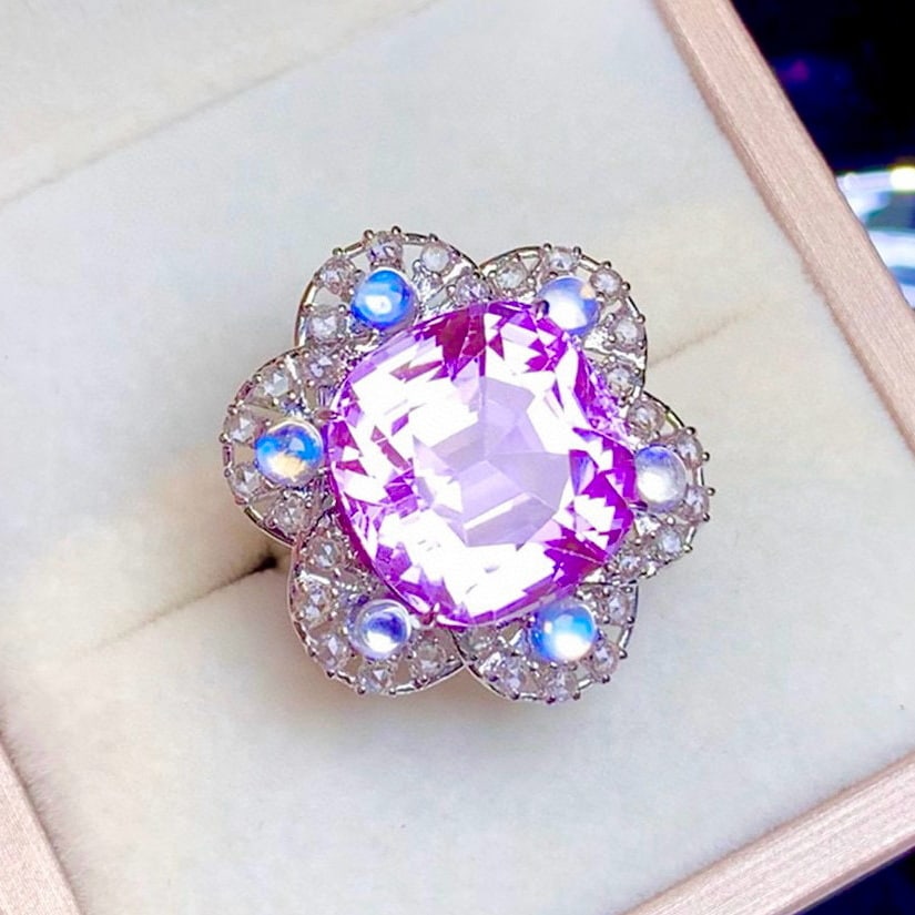 14k Gold 20.5 Ct Natural Kunzite & Moonstone Ring - 2