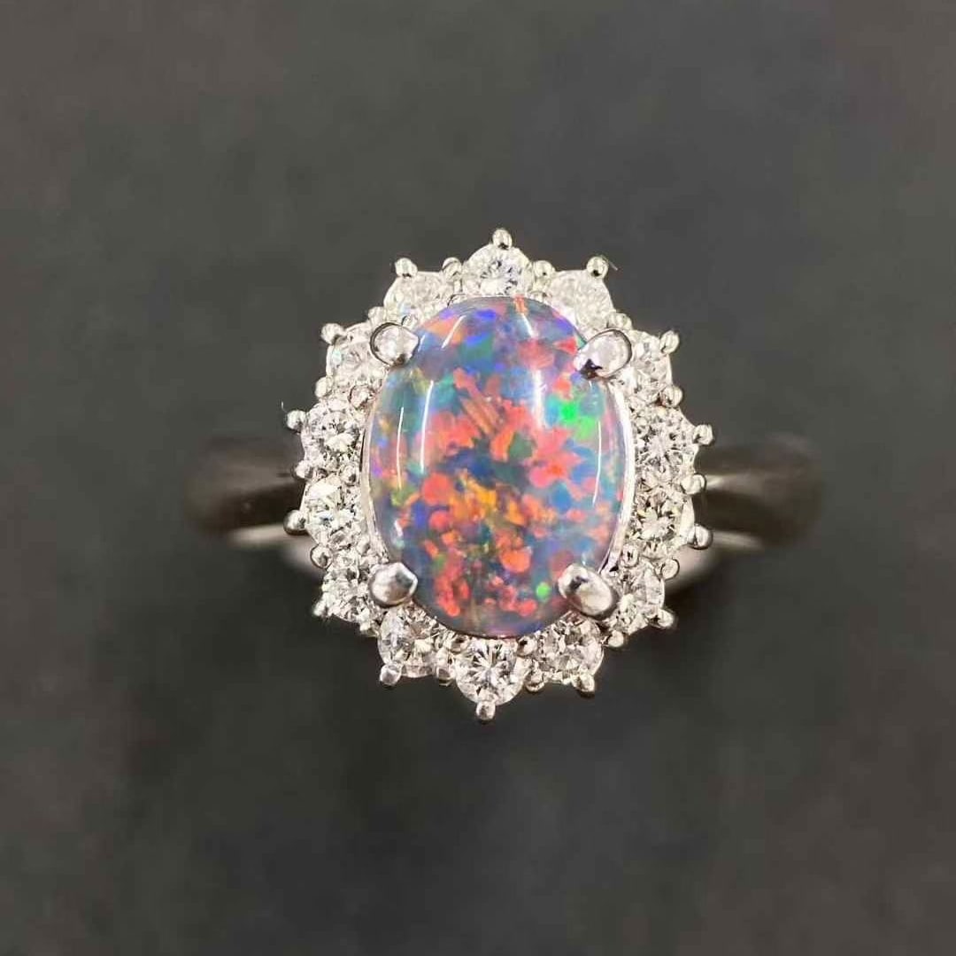 14k Gold 1.57 Ctw Natural Opal & Diamond Ring: Ref:231038108 // gold content:14k gold // ring size:7. 25us // // main gemstone:opal // shape:oval // carat weight:1. 14ct // color:color // treatment:natural // // adjacent gemstone 2 : diamond //