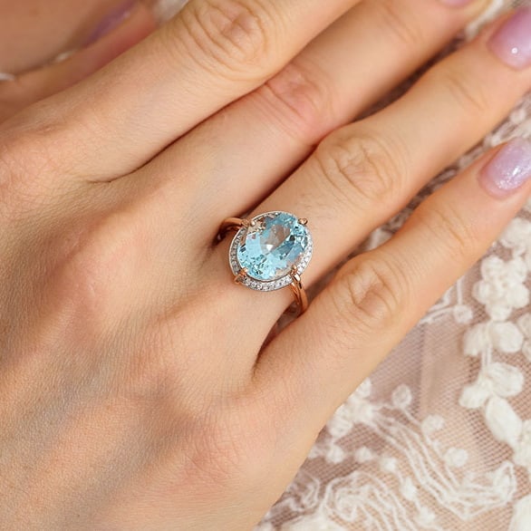 14k Gold 5.0 Ct Natural Aquamarine & Diamond Ring - 6