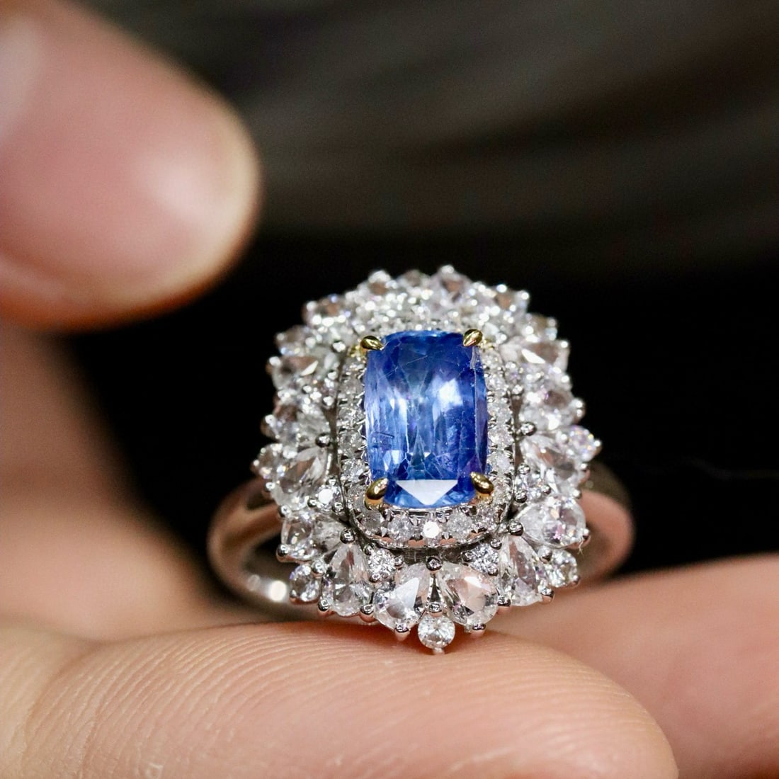 14k Gold 1.44 Ctw Natural Sapphire & Diamond Ring: Ref:231038137 // gold content:14k gold // ring size:7. 25us // // main gemstone:sapphire // shape:cushion // carat weight:1. 33ct // color:blue // treatment:natural // // adjacent gemstone 2 :