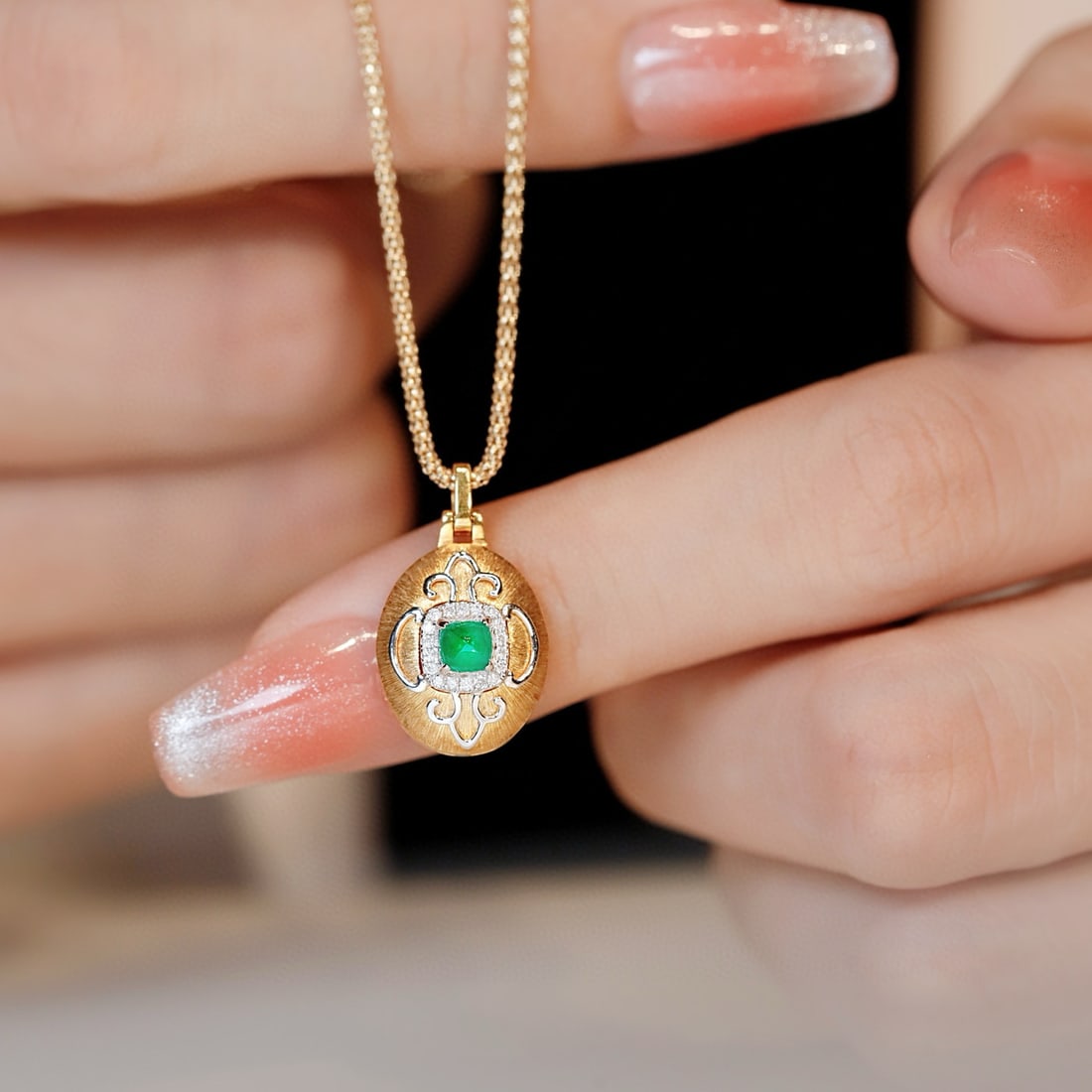 14k Gold 0.27 Ctw Vivid Green Natural Emerald & Diamond Pendant( Without Chain ) - 2