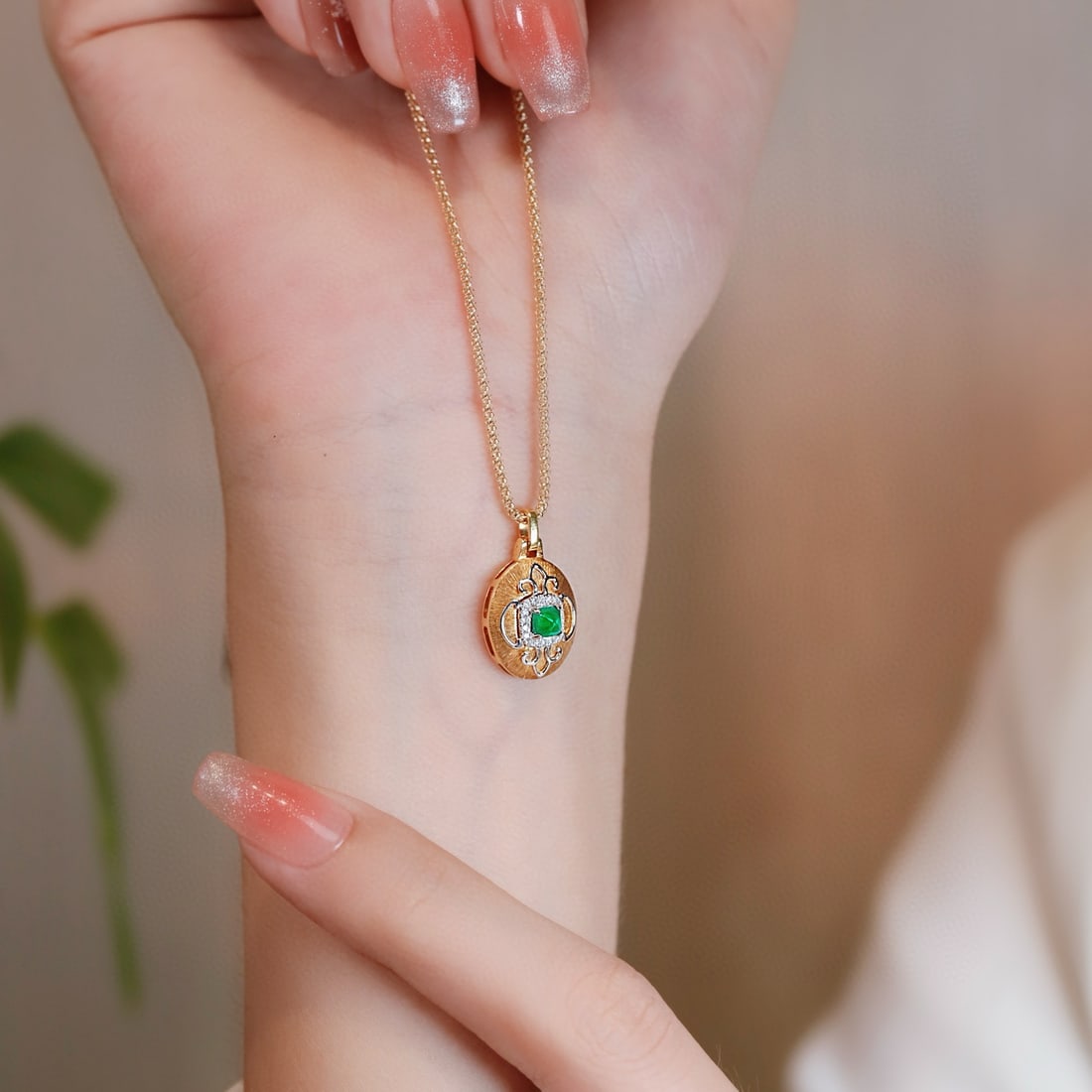 14k Gold 0.27 Ctw Vivid Green Natural Emerald & Diamond Pendant( Without Chain ) - 4