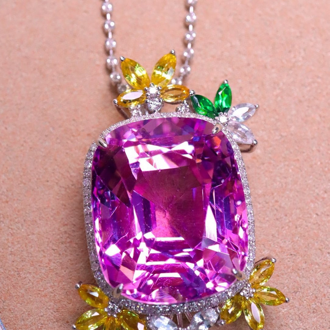 14k Gold 34.86 Ctw Natural Kunzite & Diamond Pendant( Without Chain ) - 2