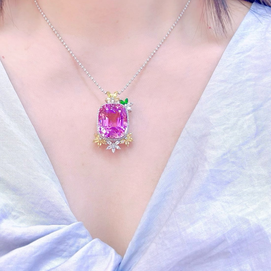 14k Gold 34.86 Ctw Natural Kunzite & Diamond Pendant( Without Chain ) - 6