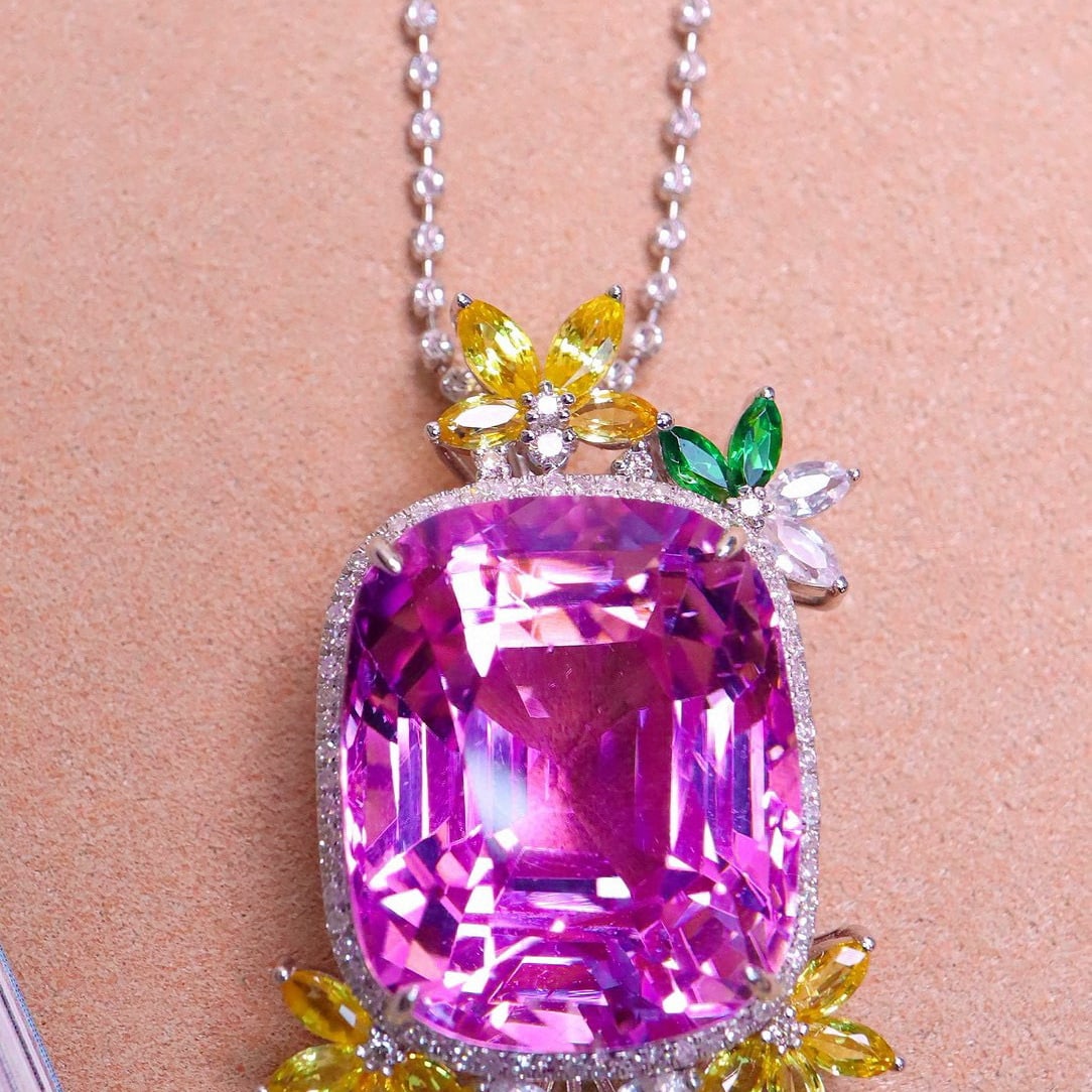 14k Gold 34.86 Ctw Natural Kunzite & Diamond Pendant( Without Chain ) - 7