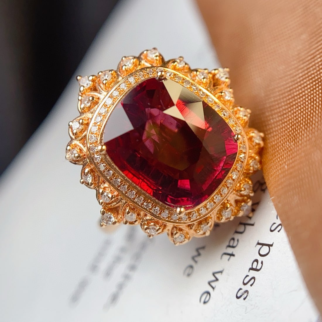 14k Gold 3.50 Ct Natural Tourmaline & Diamond Ring/pendant( Without Chain ): Ref:231038161 // gold content:14k gold // ring size:7. 25us // // main gemstone:tourmaline // shape:cushion // carat weight:3. 50ct // color:red // treatment:natural // // adjacent gemstone 2 :