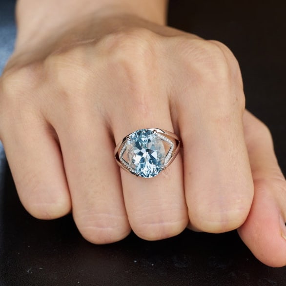 14k Gold 6.95 Ct Natural Aquamarine & Diamond Ring - 6
