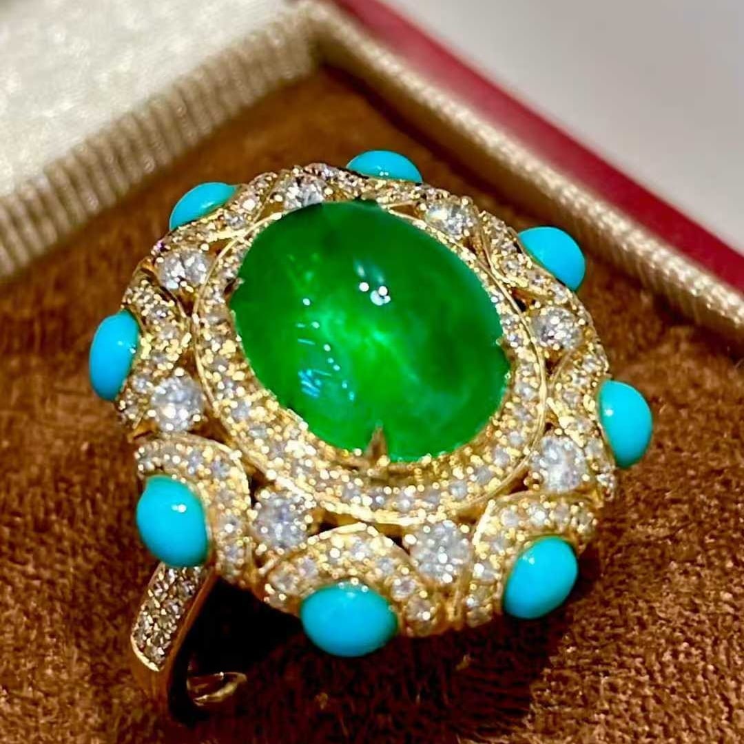 14k Gold 2.72 Ct Vivid Green Natural Emerald & Diamond & Turquoise Ring - 3