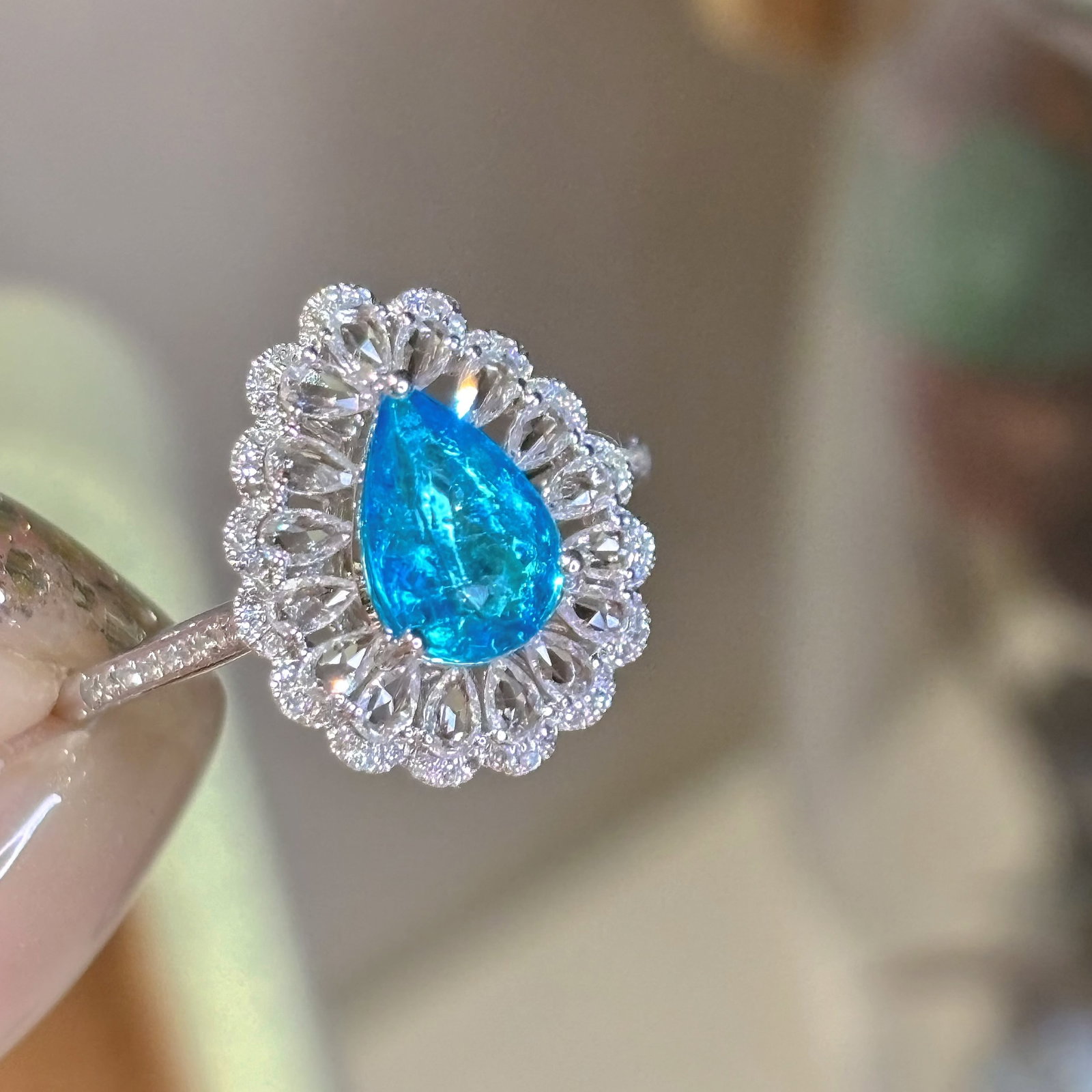 14k Gold 0.9 Ct Natural Paraiba Tourmaline & Diamond & Sapphire Ring - 5