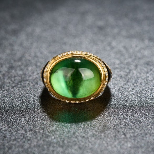 14k Gold 13.9 Ctw Natural Tourmaline & Diamond Ring: Ref:231038218 // gold content:14k gold // ring size:7. 25us // // main gemstone:tourmaline // shape:oval // carat weight:13. 3ct // color:green // treatment:natural // // adjacent gemstone 2 :