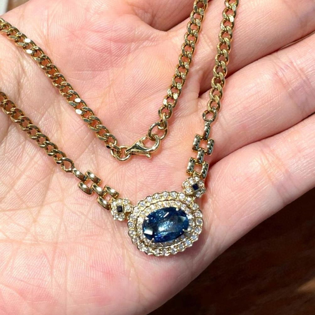 14k Gold 2.04 Ct Natural Sapphire & Diamond Necklace: Ref:231038236 // gold content:14k gold // main gemstone:sapphire // shape:oval // carat weight:2. 04ct // color:blue // treatment:natural // // adjacent gemstone 2 : diamond // shape:round // clarity